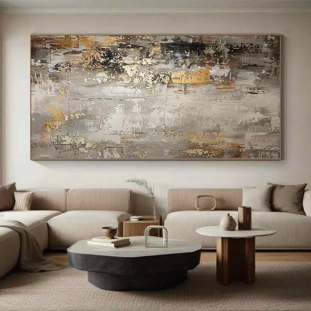 Gold Handmade Original Leaf Industrial Abstract Canvas Artwork KH07Y